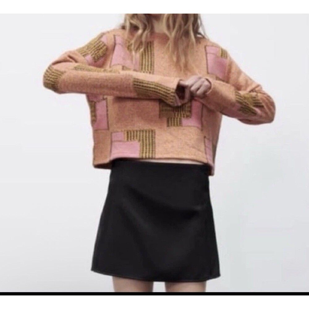Zara Jacquard Geometric Cropped Sweater Orange Pink Size Small